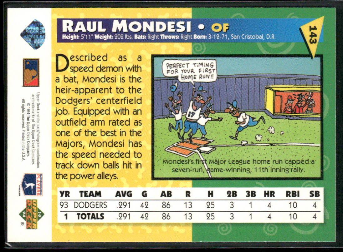 Raul Mondesi 1994 Upper Deck Fun Pack #143 Los Angeles Dodgers