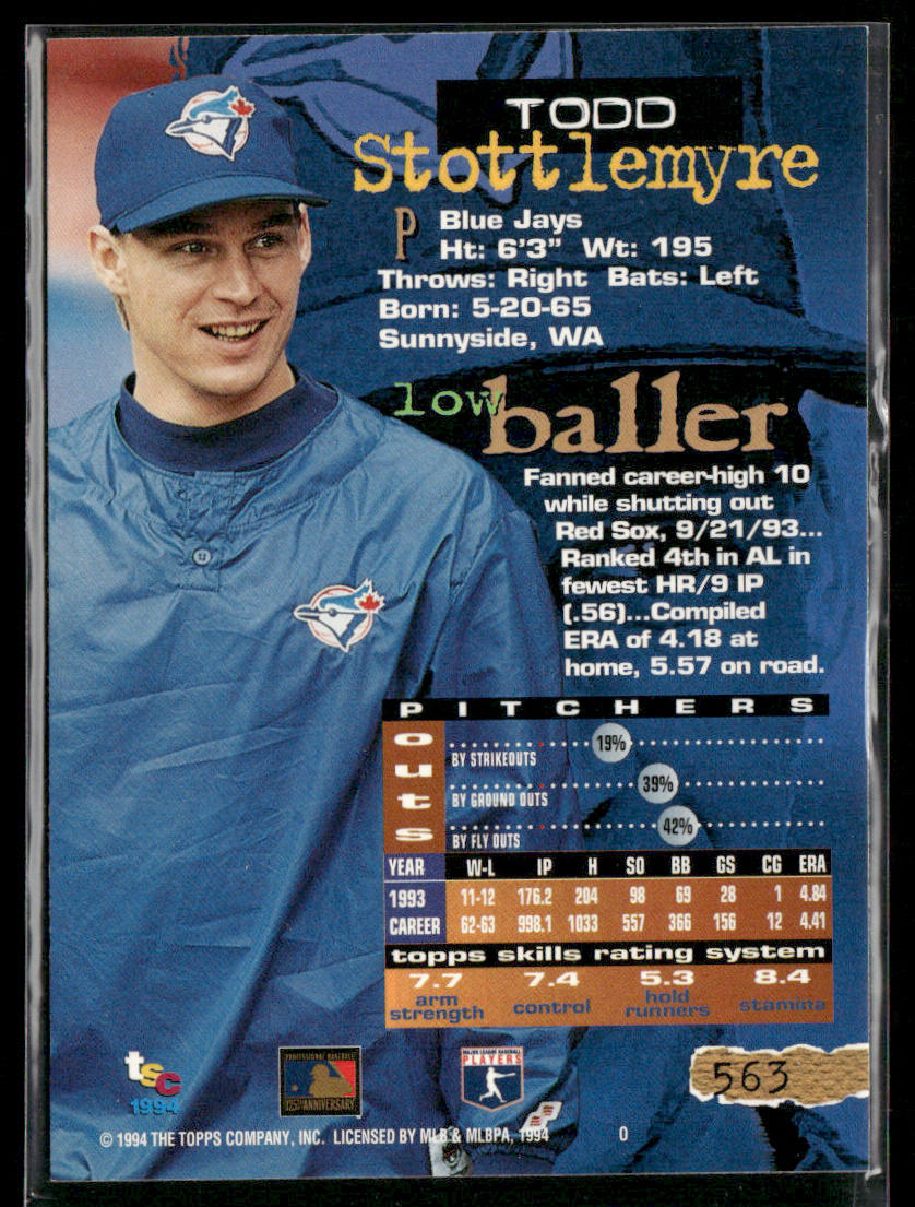 Todd Stottlemyre 1994 Stadium Club #563 Toronto Blue Jays back