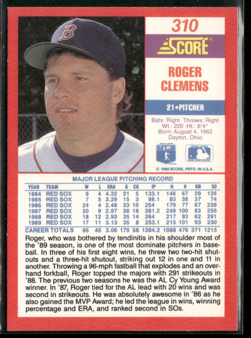 Roger Clemens 1990 Score #310 Boston Red Sox