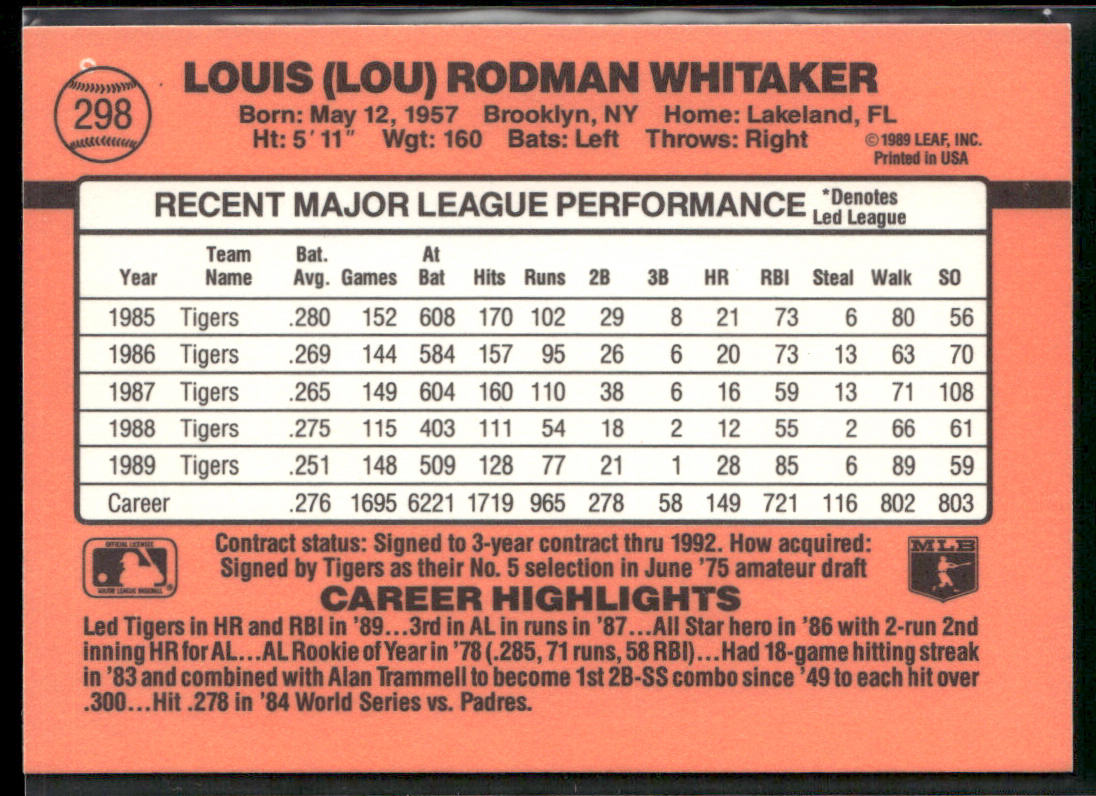 Lou Whitaker 1990 Donruss #298 Detroit Tigers