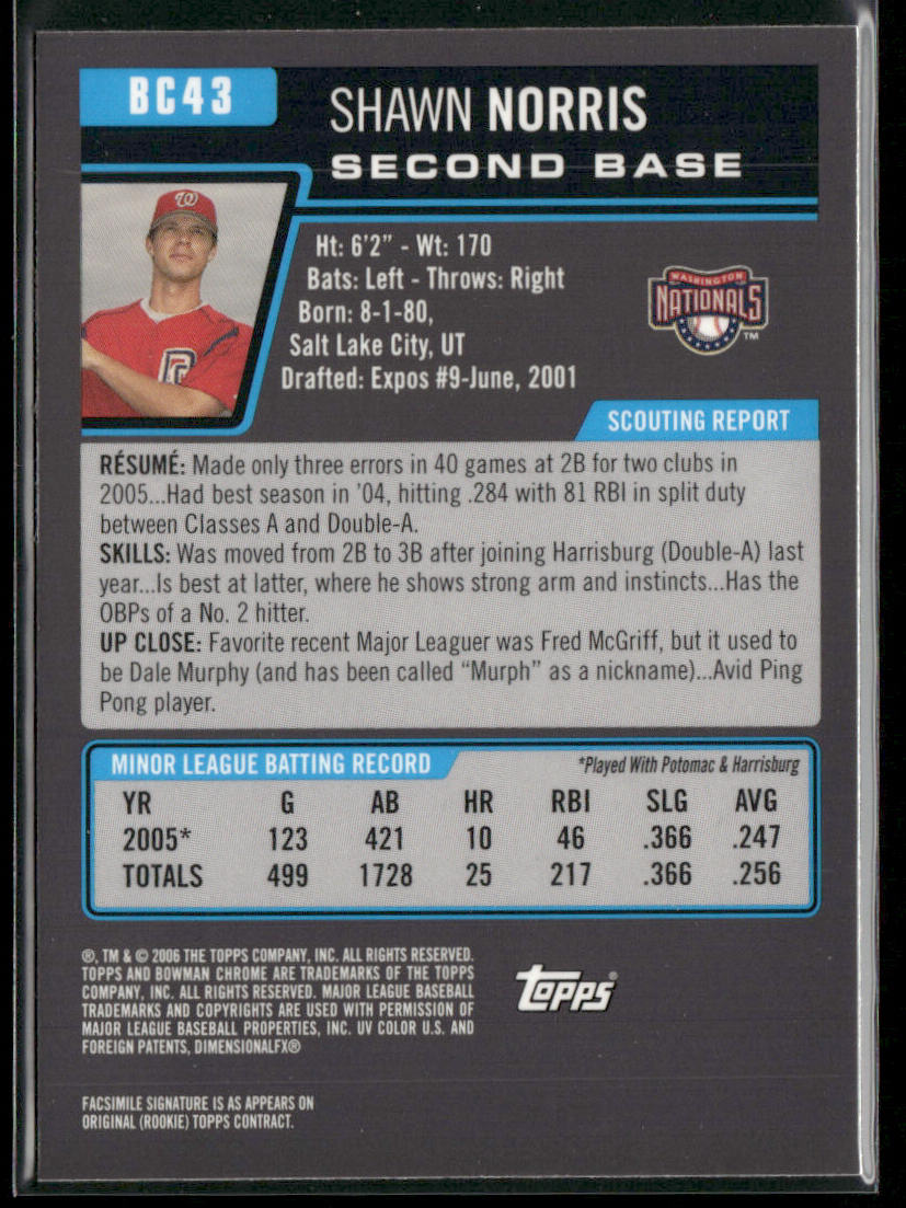 Shawn Norris 2006 Bowman Chrome Prospects #BC43 Washington Nationals