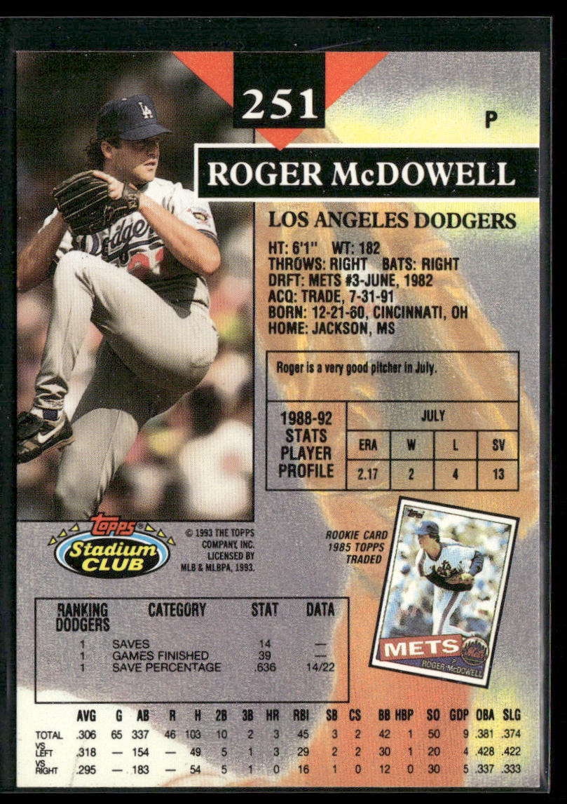 Roger McDowell 1993 Stadium Club #251 Los Angeles Dodgers back