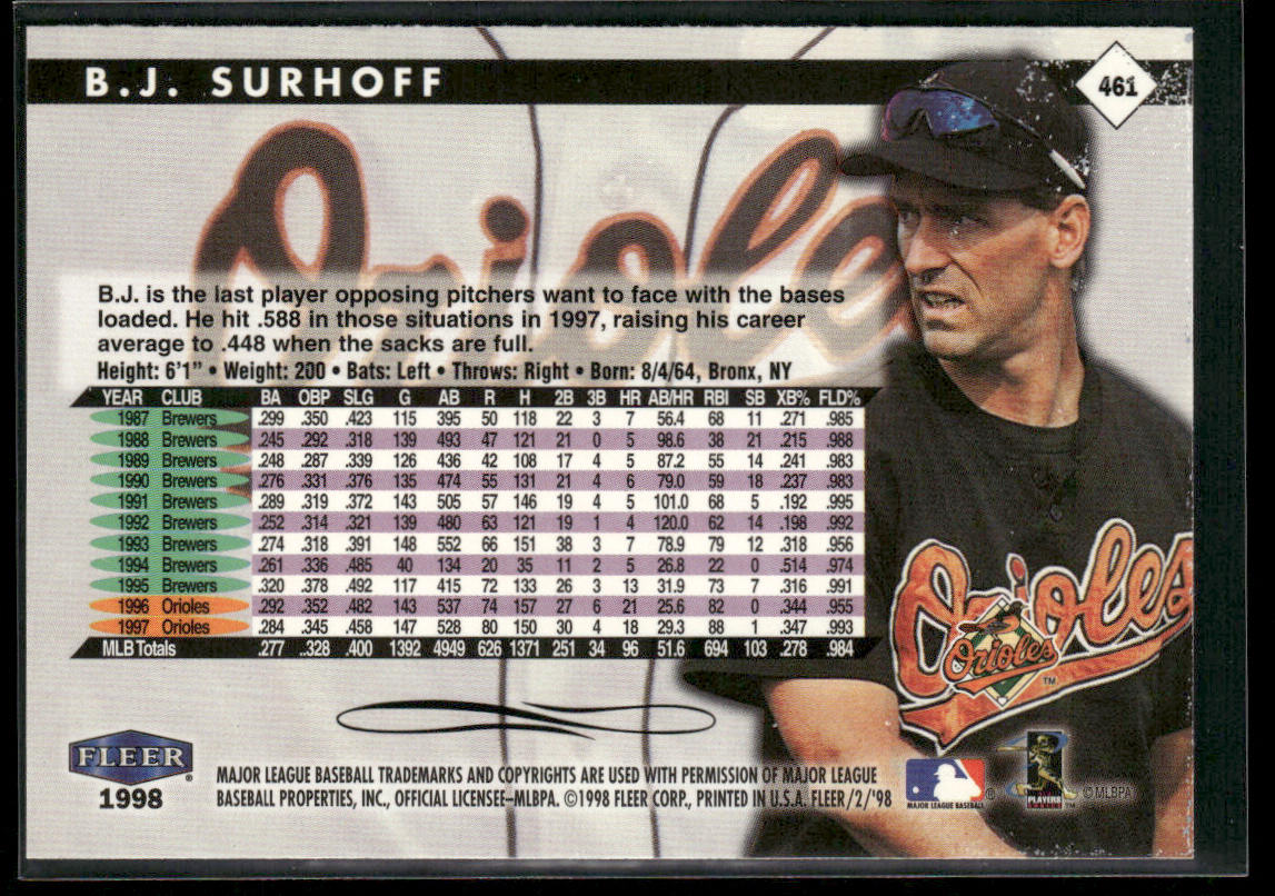 B.J. Surhoff 1998 Fleer Tradition #461 Baltimore Orioles