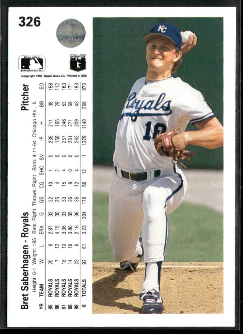 Bret Saberhagen 1990 Upper Deck #326 Kansas City Royals