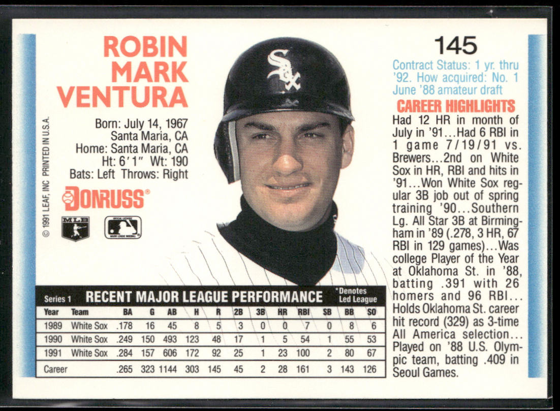 Robin Ventura 1992 Donruss #145b Chicago White Sox back