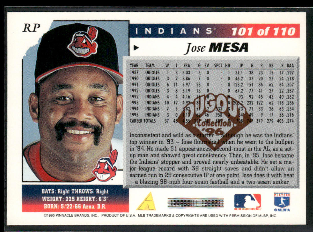 Jose Mesa 1996 Score Dugout Collection Artist's Proofs (Series One) #101 Indians