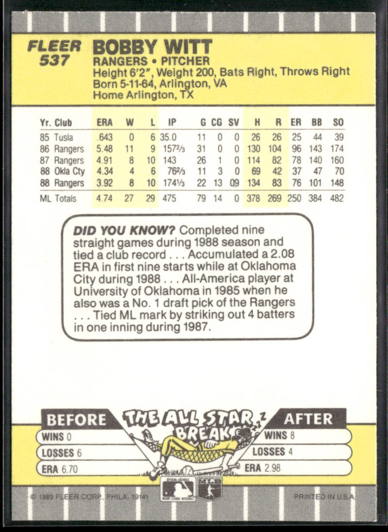 Bobby Witt 1989 Fleer #537 Texas Rangers