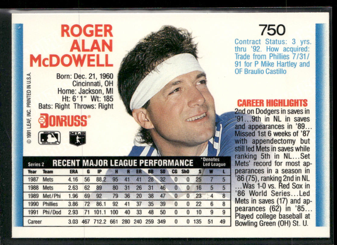 Roger McDowell 1992 Donruss #750b Los Angeles Dodgers