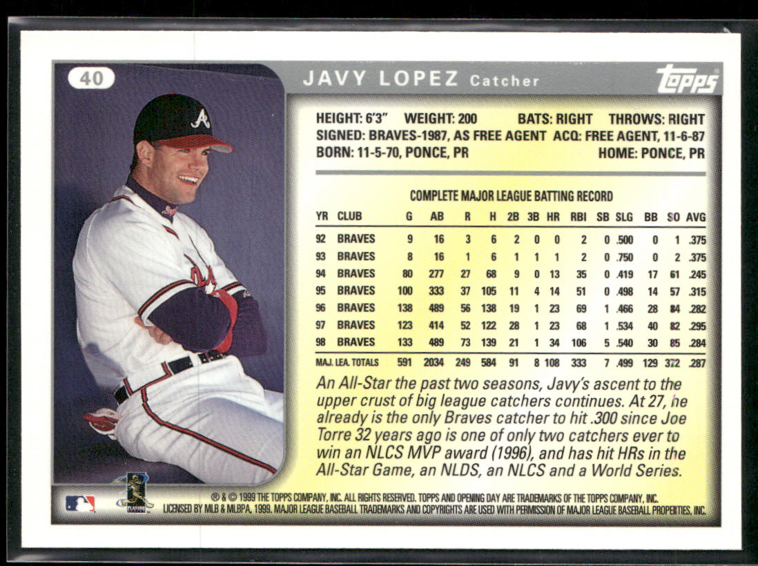 Javy Lopez 1999 Topps Opening Day #40 Atlanta Braves back