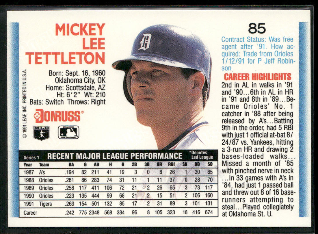 Mickey Tettleton 1992 Donruss #85b Detroit Tigers back