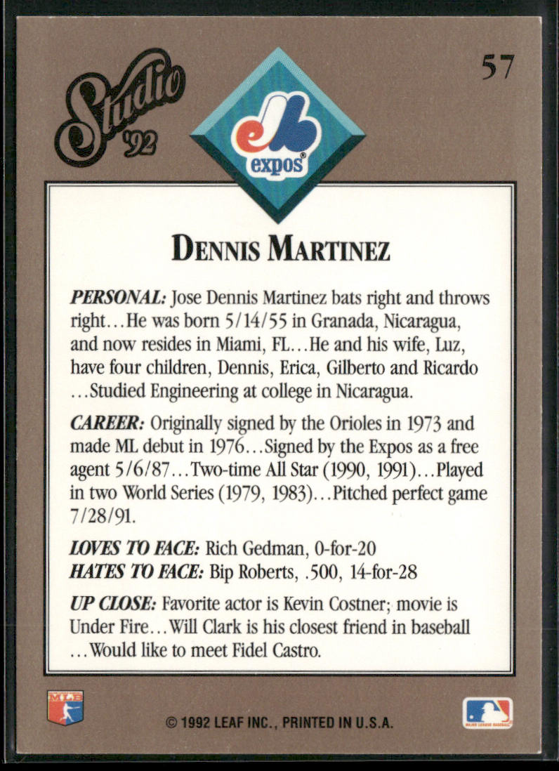 Dennis Martinez 1992 Studio #57 Montreal Expos back