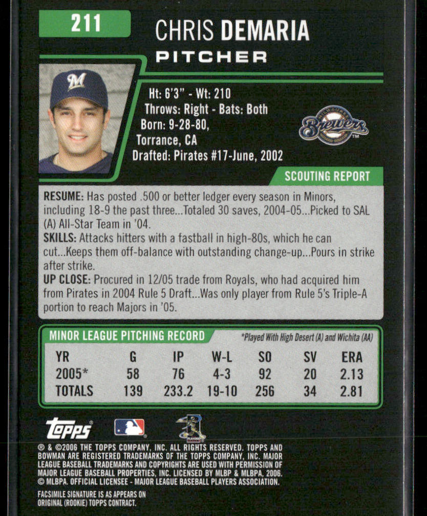 Chris Demaria 2006 Bowman #211 RC Milwaukee Brewers
