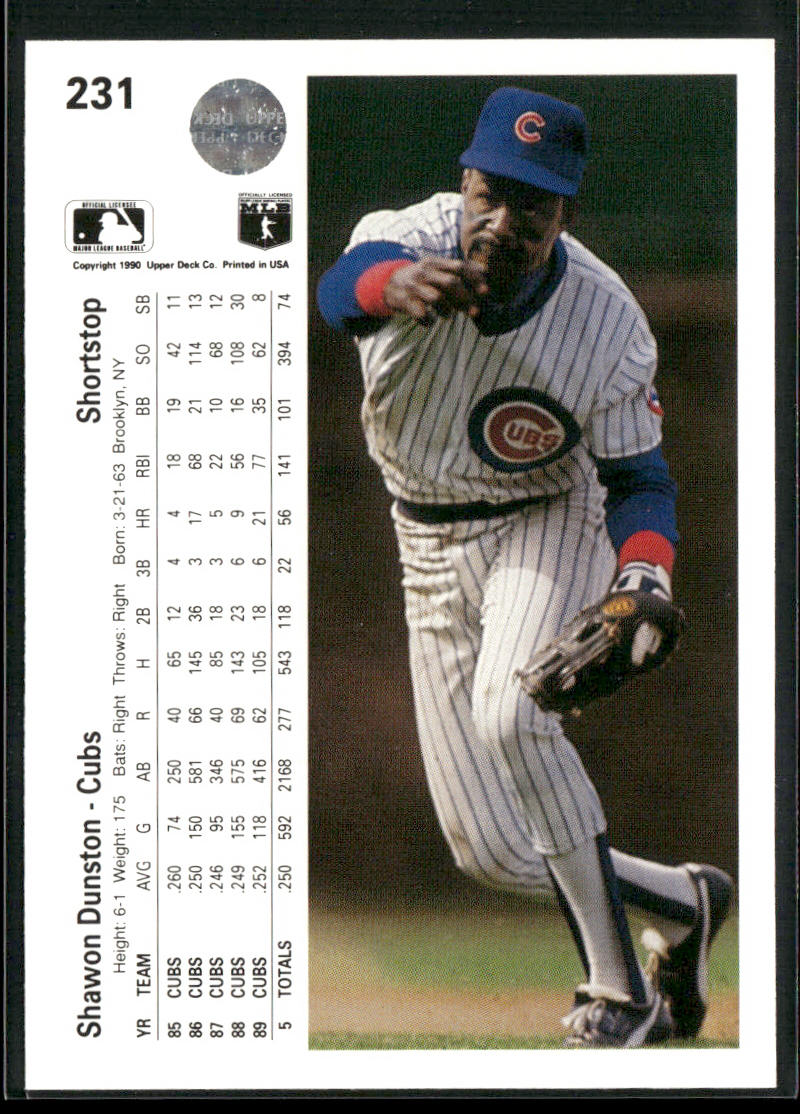 Shawon Dunston 1990 Upper Deck #231 Chicago Cubs