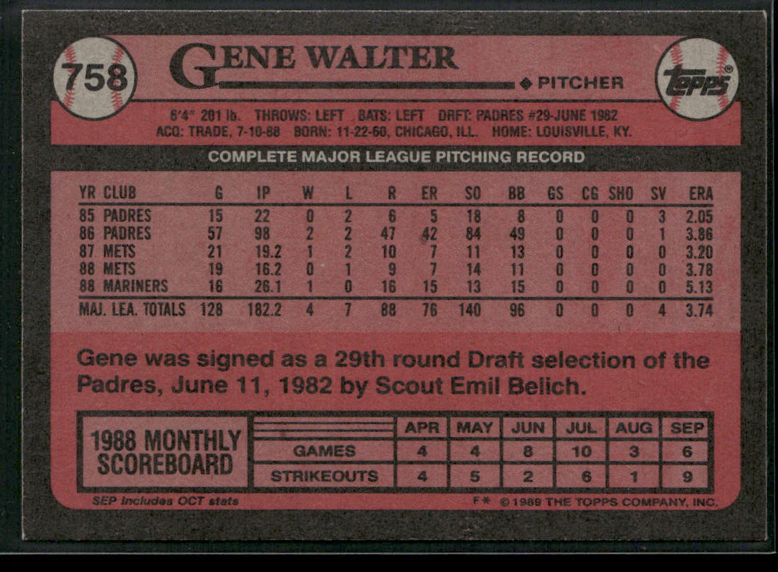 Gene Walter 1989 Topps #758 Seattle Mariners back