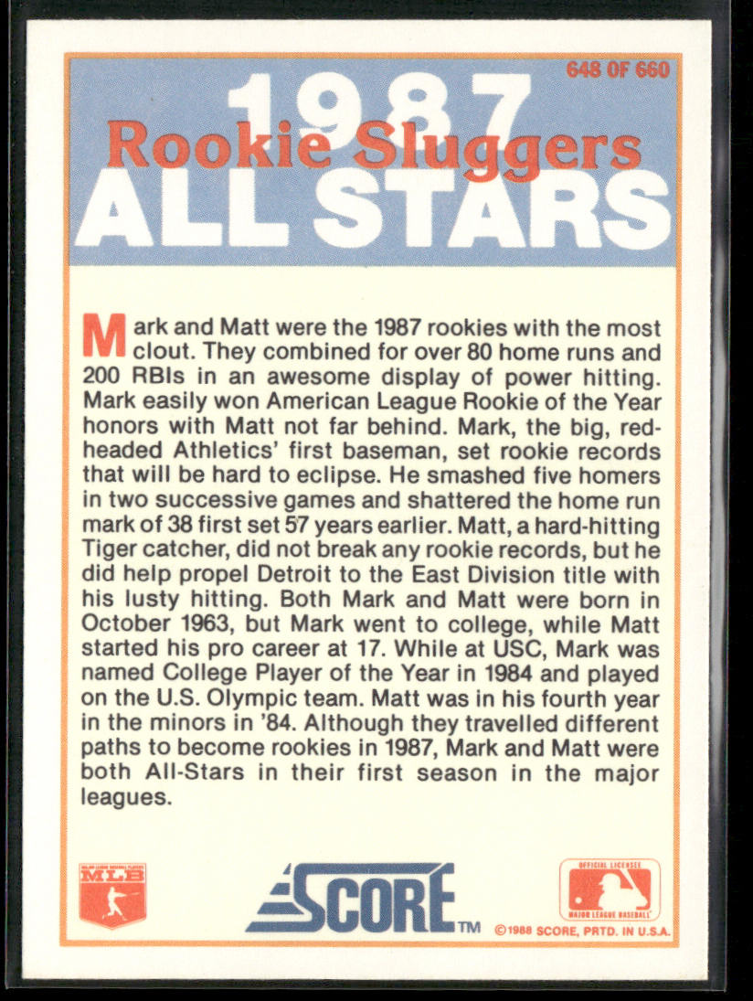 Mark McGwire / Matt Nokes AS 1988 Score #648 back