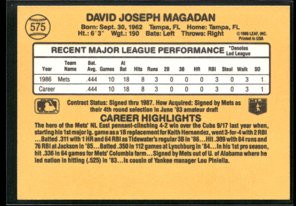 Dave Magadan 1987 Donruss #575 RC New York Mets back
