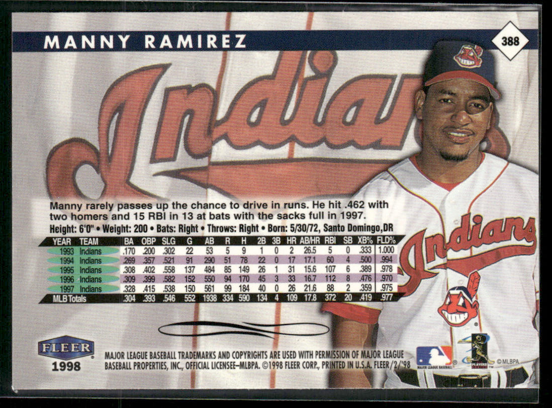 Manny Ramirez 1998 Fleer Tradition #388 Cleveland Indians back