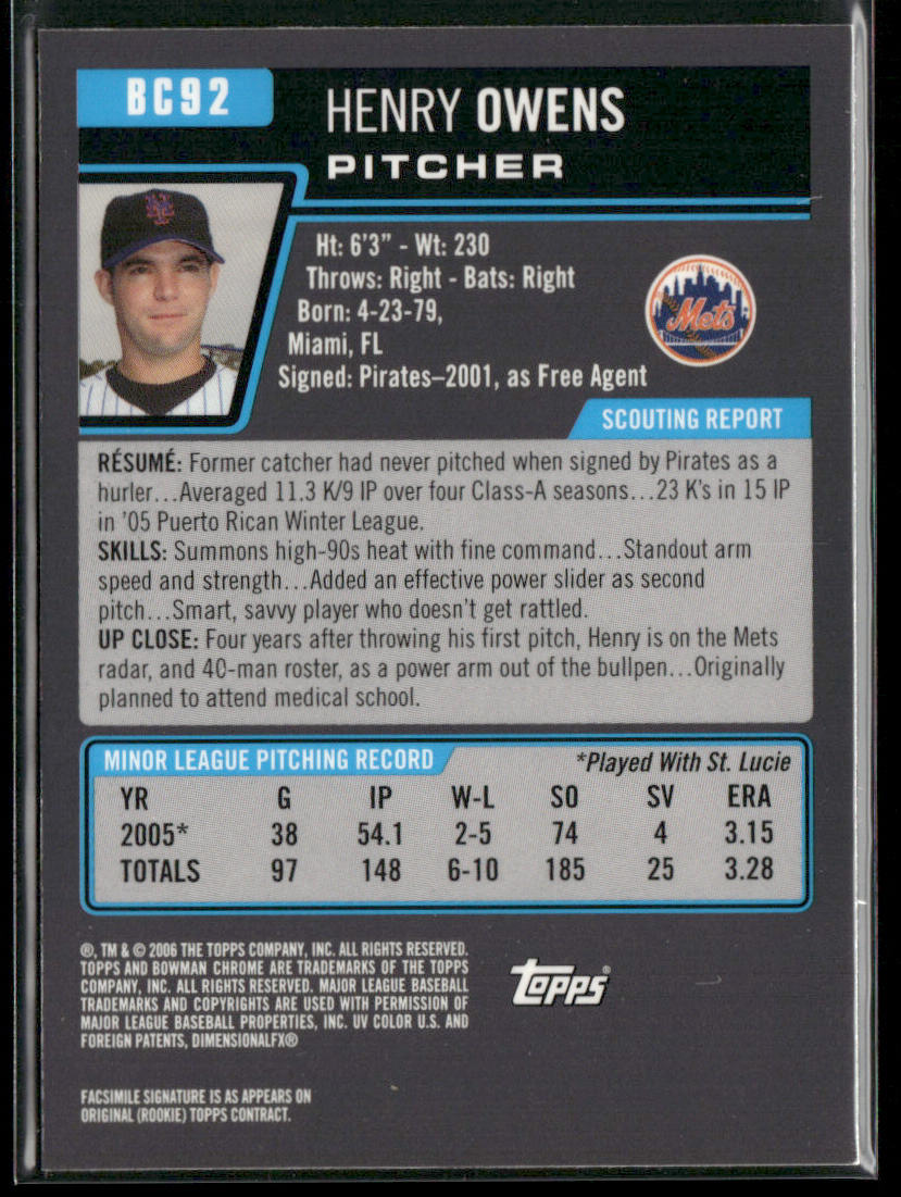 Henry Owens 2006 Bowman Chrome Prospects #BC92 New York Mets back