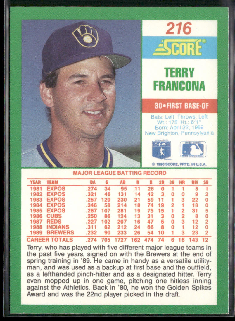 Terry Francona 1990 Score #216 Milwaukee Brewers
