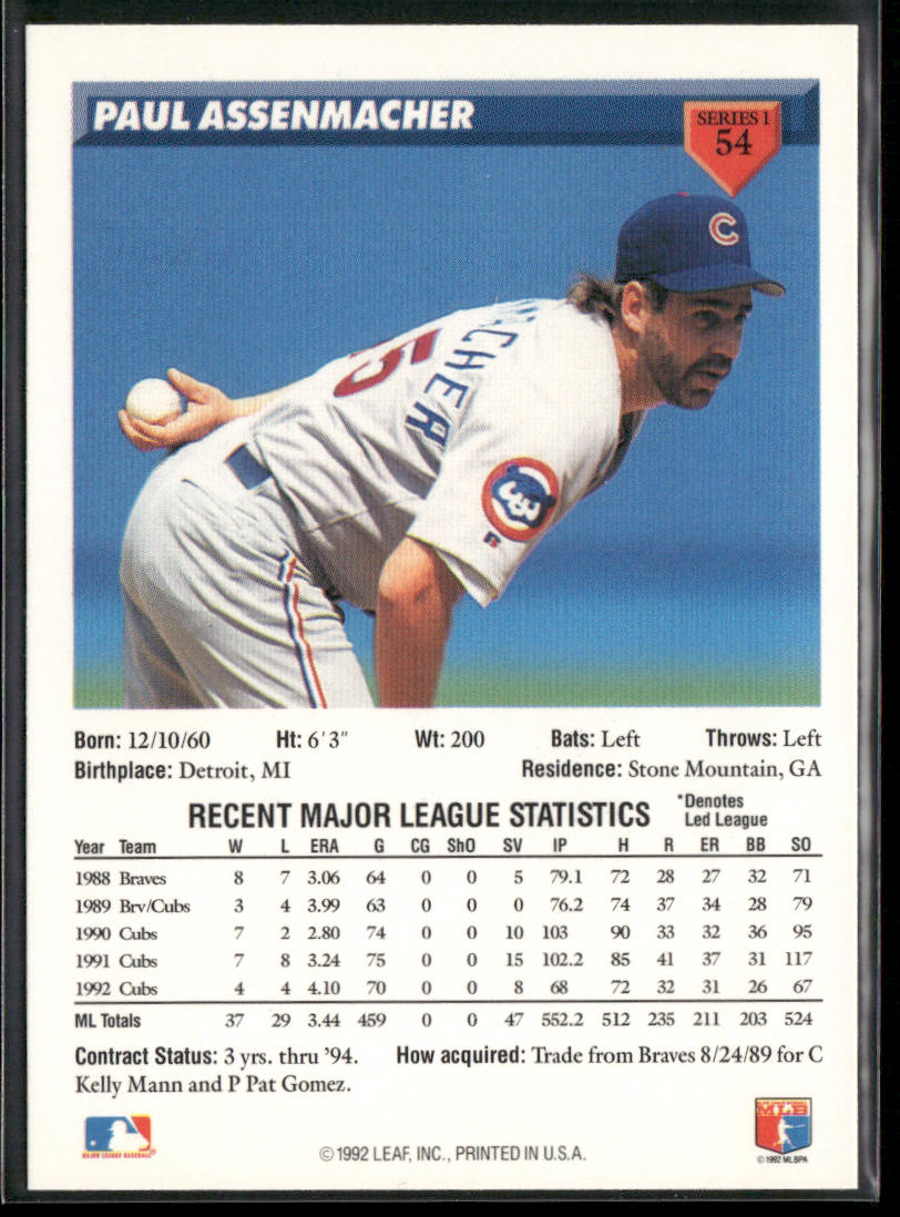 Paul Assenmacher 1993 Donruss #54 Chicago Cubs