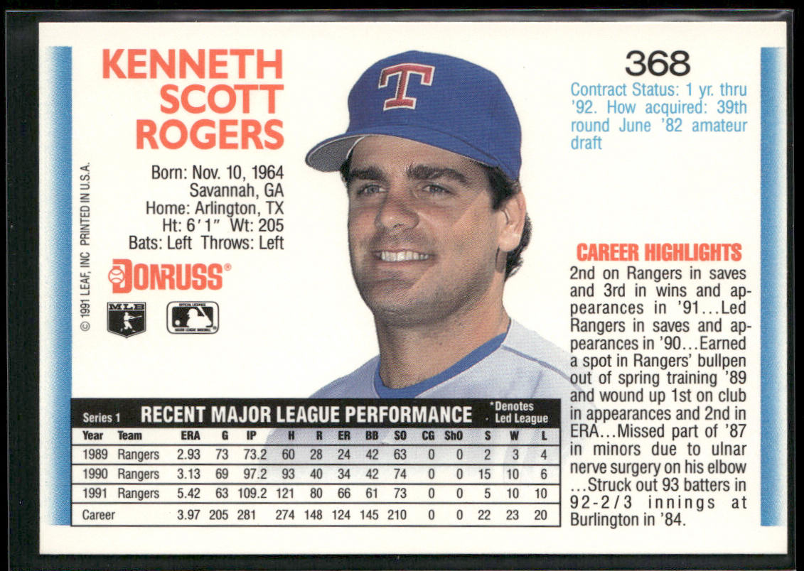 Kenny Rogers 1992 Donruss #368b Texas Rangers back