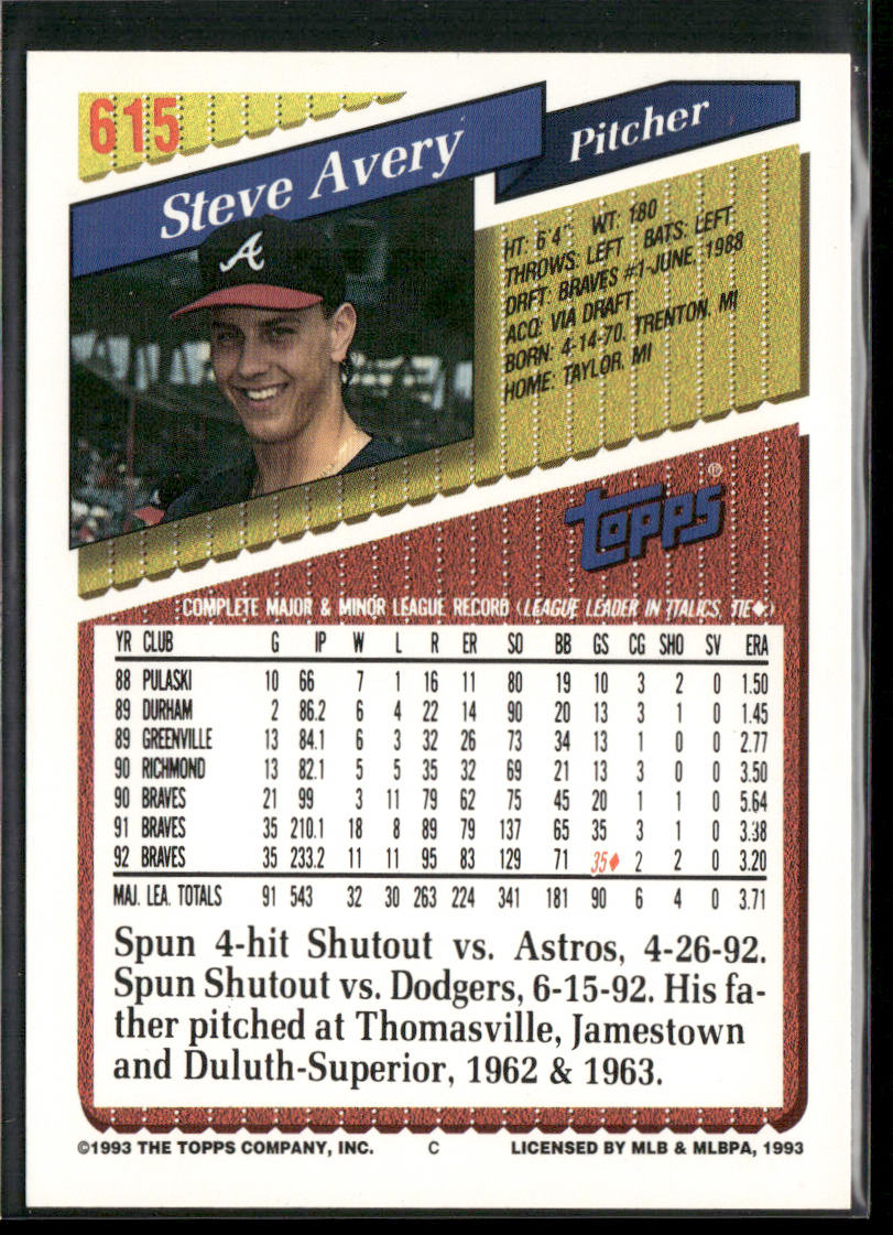 Steve Avery 1993 Topps #615 Atlanta Braves