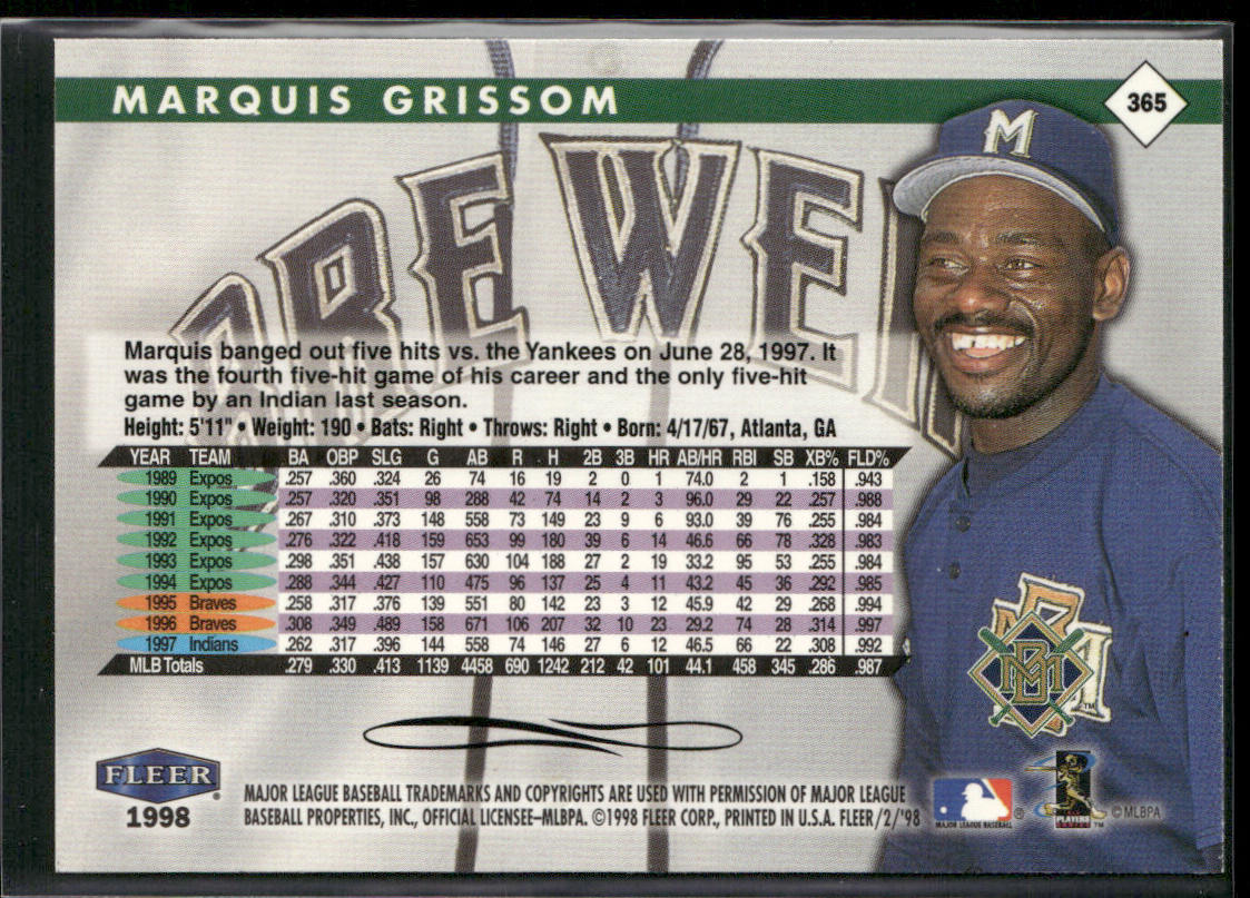 Marquis Grissom 1998 Fleer Tradition #365 Milwaukee Brewers back