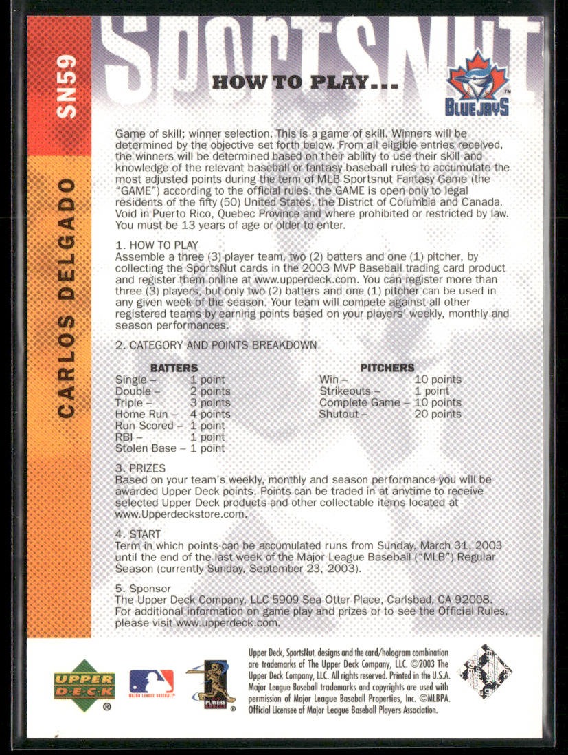 Carlos Delgado 2003 Upper Deck MVP SportsNut #SN59 Toronto Blue Jays