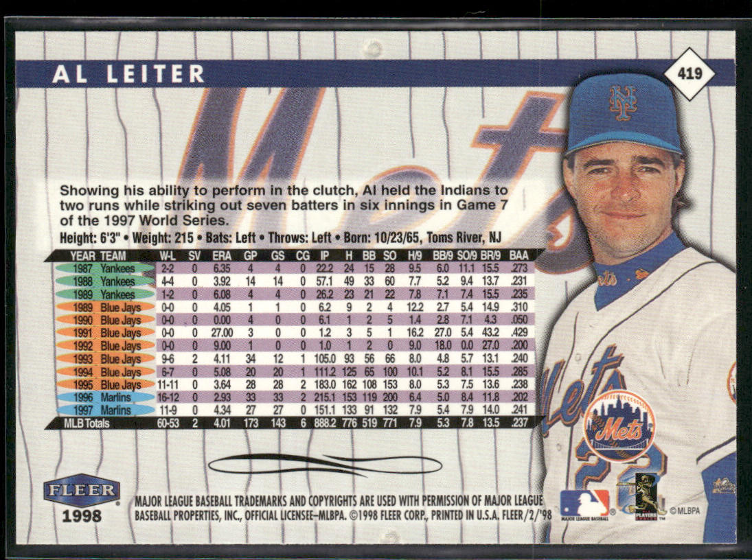 Al Leiter 1998 Fleer Tradition #419 New York Mets