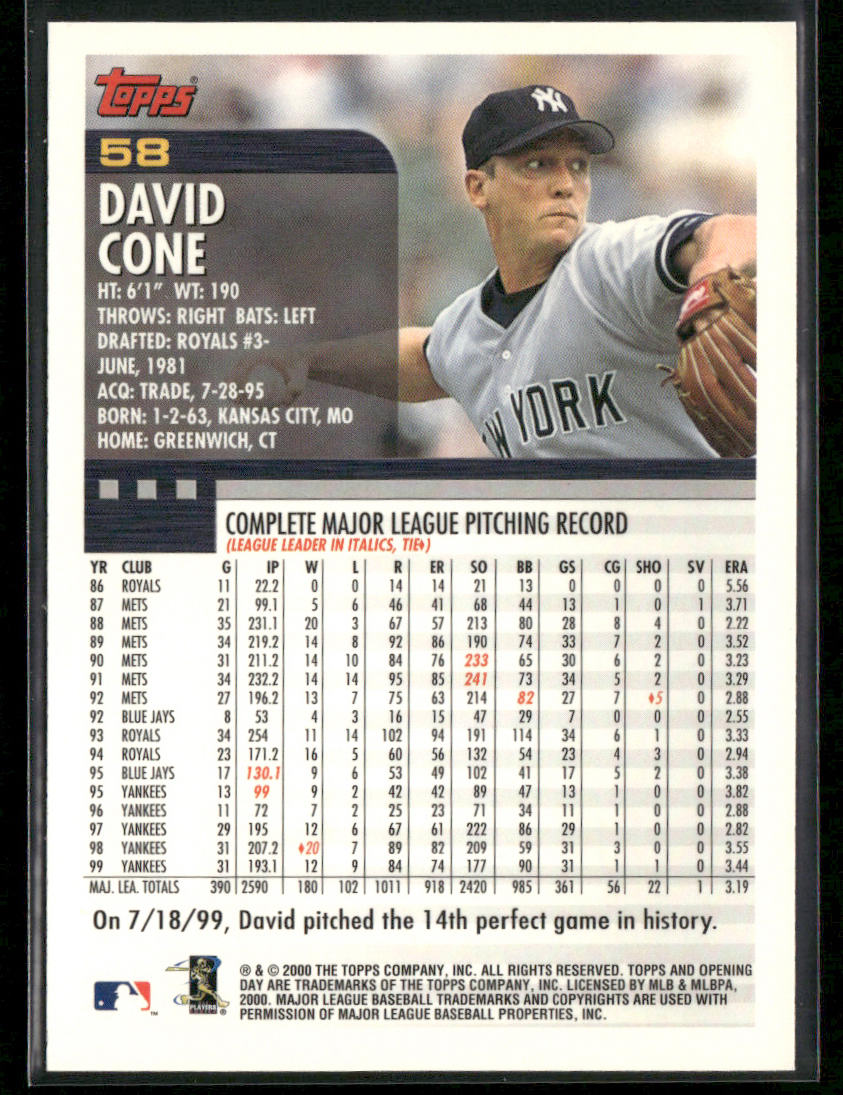 David Cone 2000 Topps Opening Day #58 New York Yankees