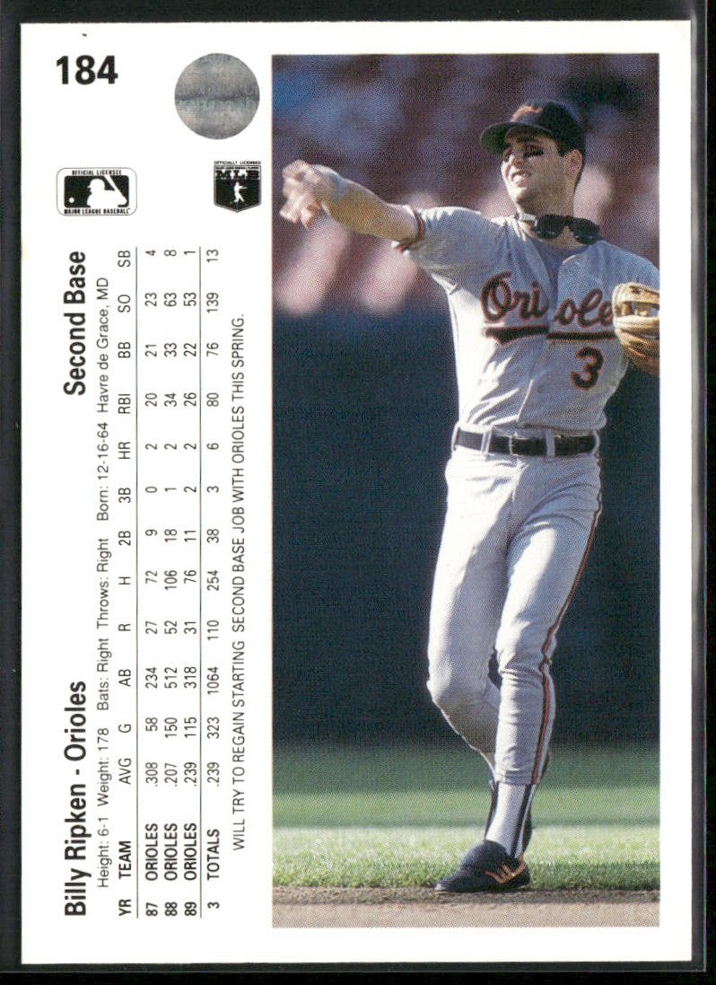 Billy Ripken 1990 Upper Deck #184a Baltimore Orioles