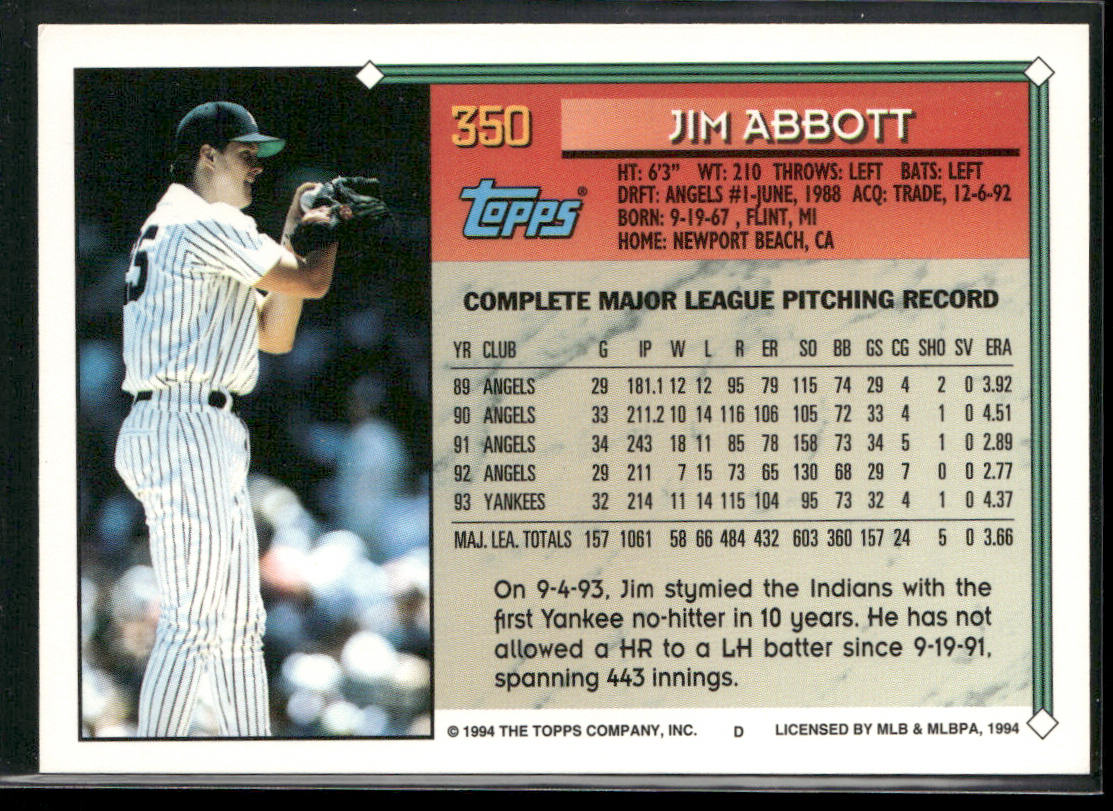 Jim Abbott 1994 Topps #350 New York Yankees