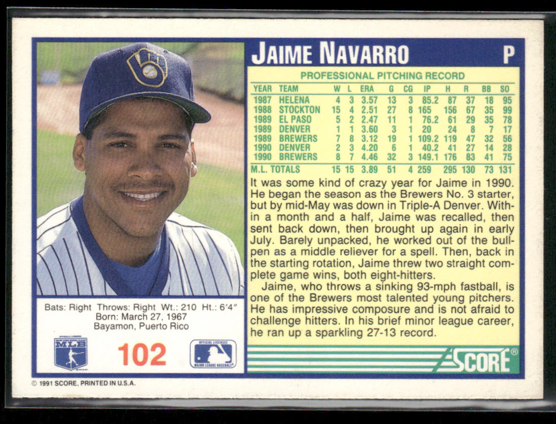 Jaime Navarro 1991 Score #102 Milwaukee Brewers