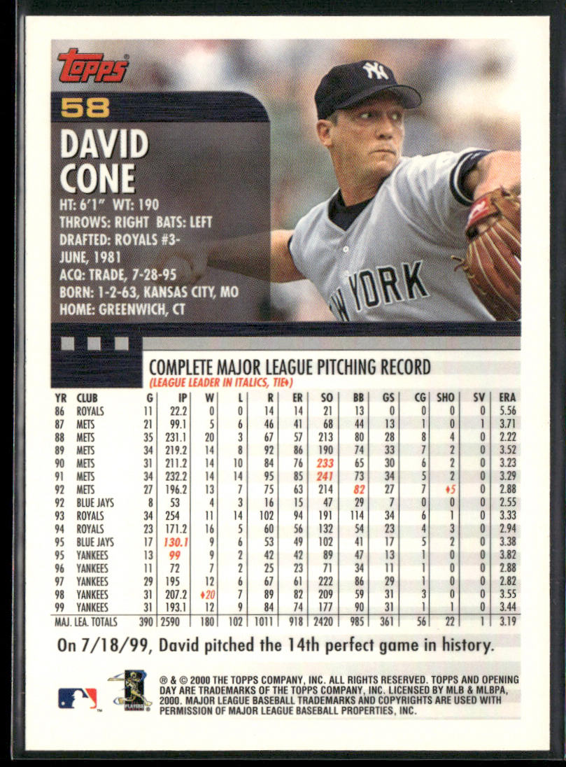 David Cone 2000 Topps Opening Day #58 New York Yankees back