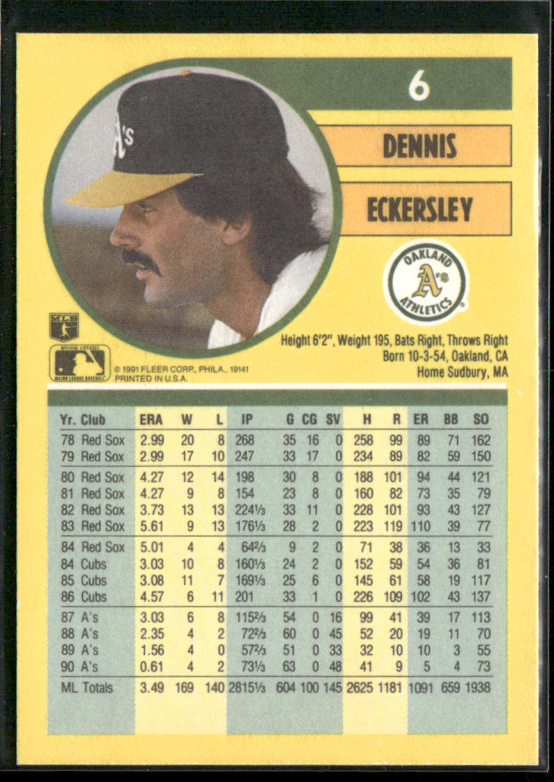 Dennis Eckersley 1991 Fleer #6 Oakland Athletics