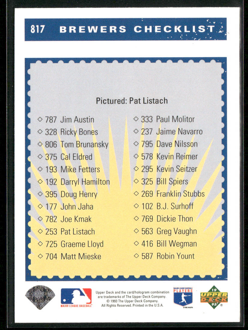 Pat Listach 1993 Upper Deck #817 Milwaukee Brewers back