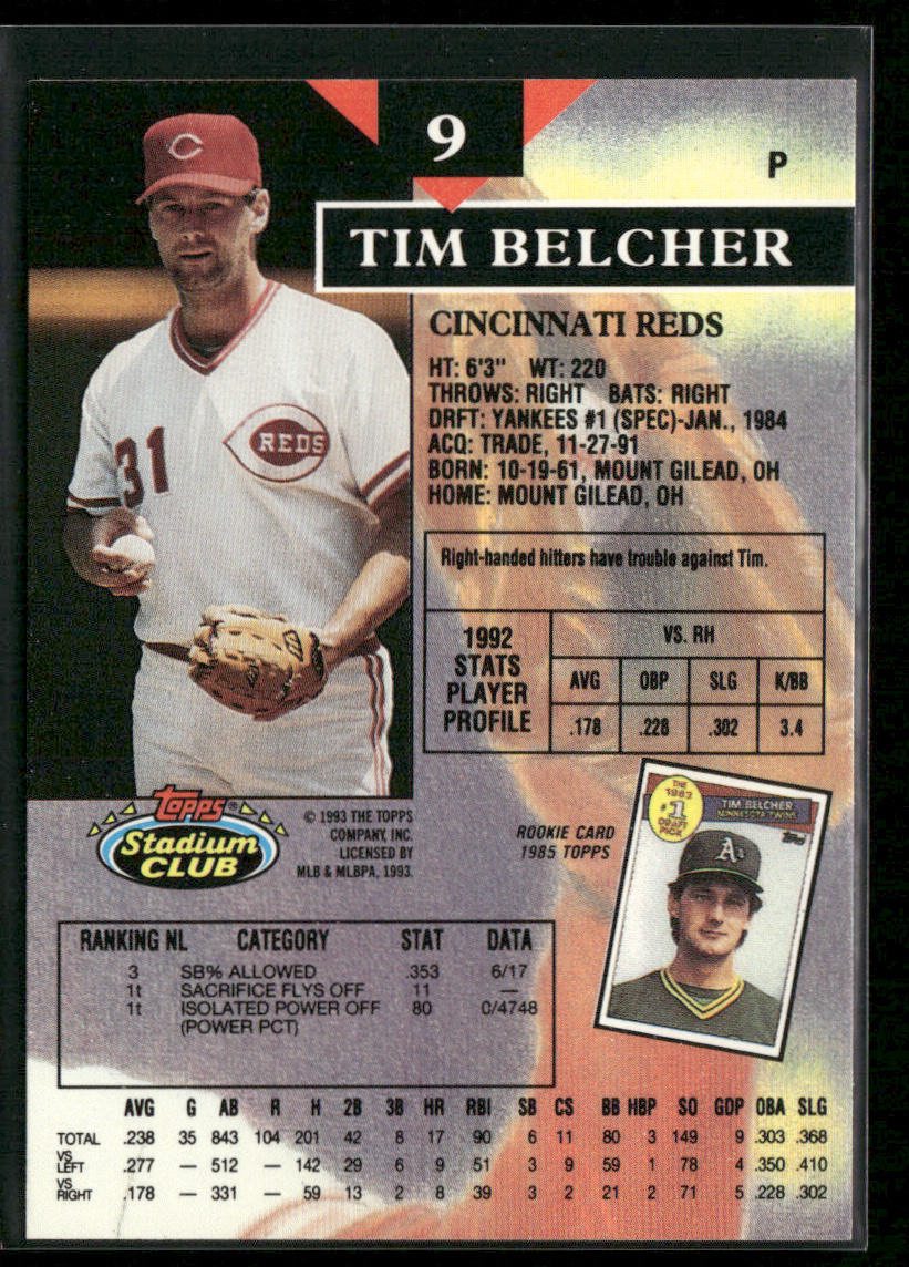 Tim Belcher 1993 Stadium Club #9 Cincinnati Reds back