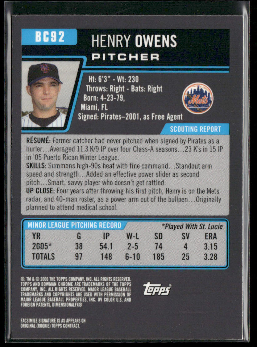Henry Owens 2006 Bowman Chrome Prospects #BC92 New York Mets back