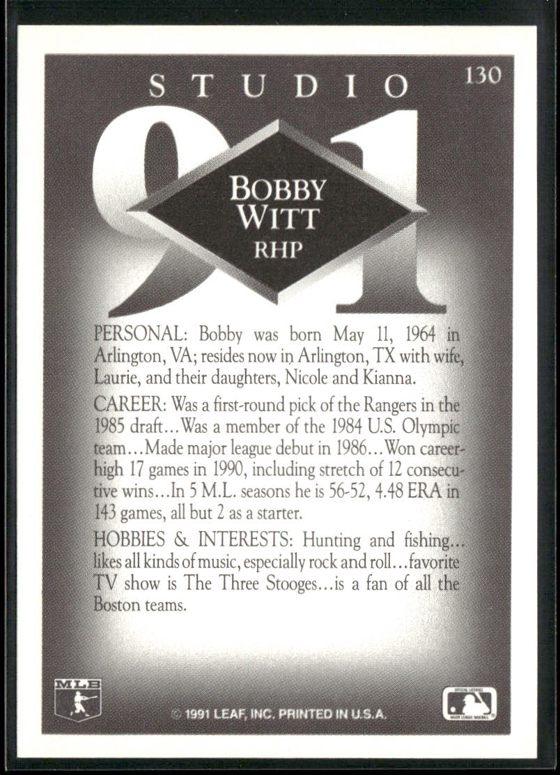Bobby Witt 1991 Studio #130 Texas Rangers back