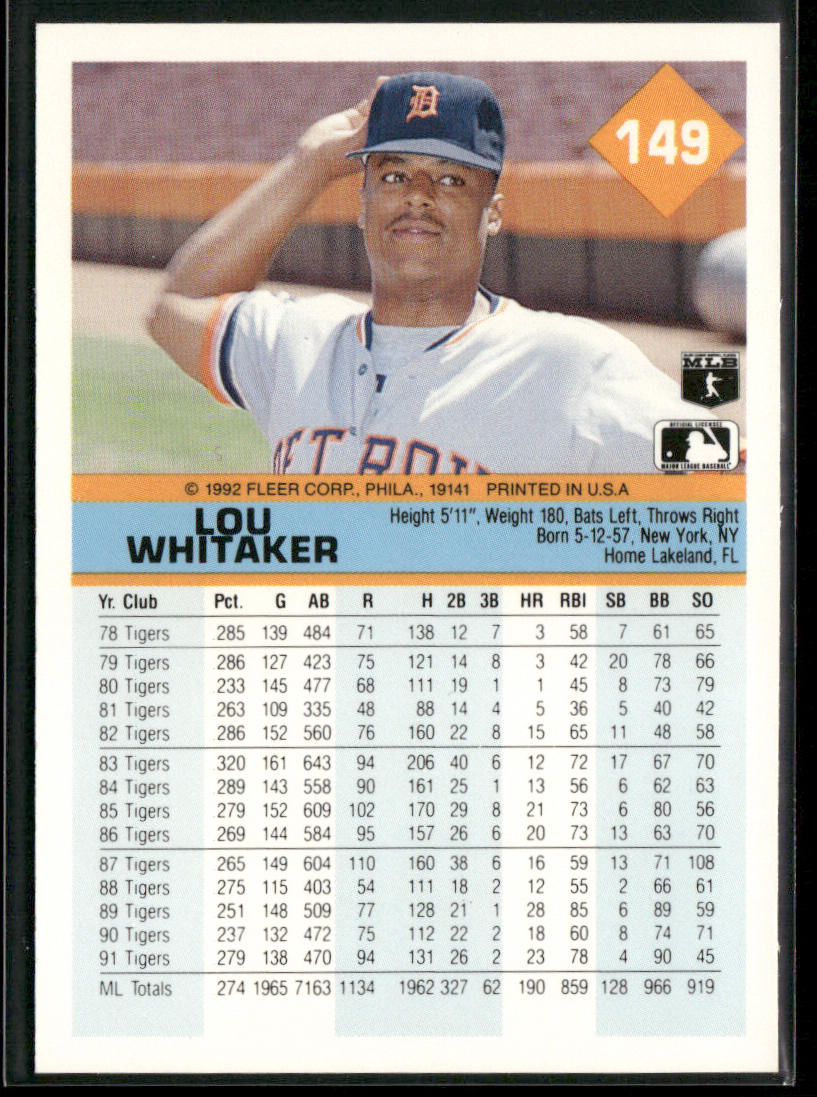 Lou Whitaker 1992 Fleer #149 Detroit Tigers