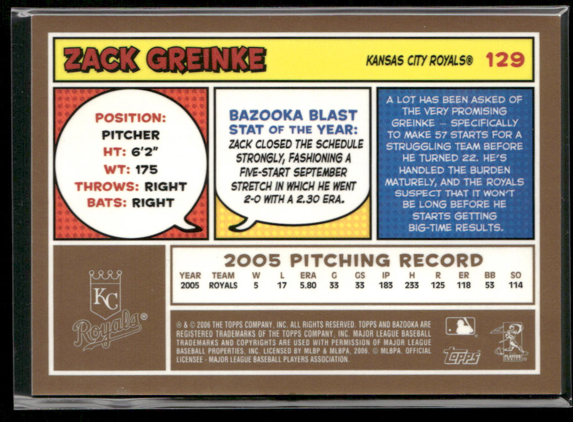 Zack Greinke 2006 Bazooka Gold Chunks #129 Kansas City Royals