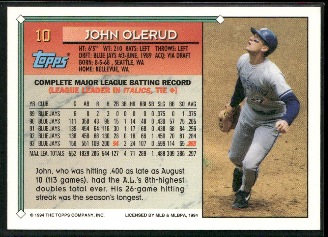 John Olerud 1994 Topps #10 Toronto Blue Jays