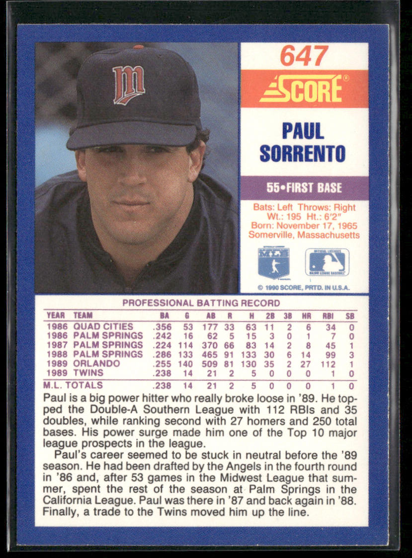 Paul Sorrento 1990 Score #647 RC Minnesota Twins back