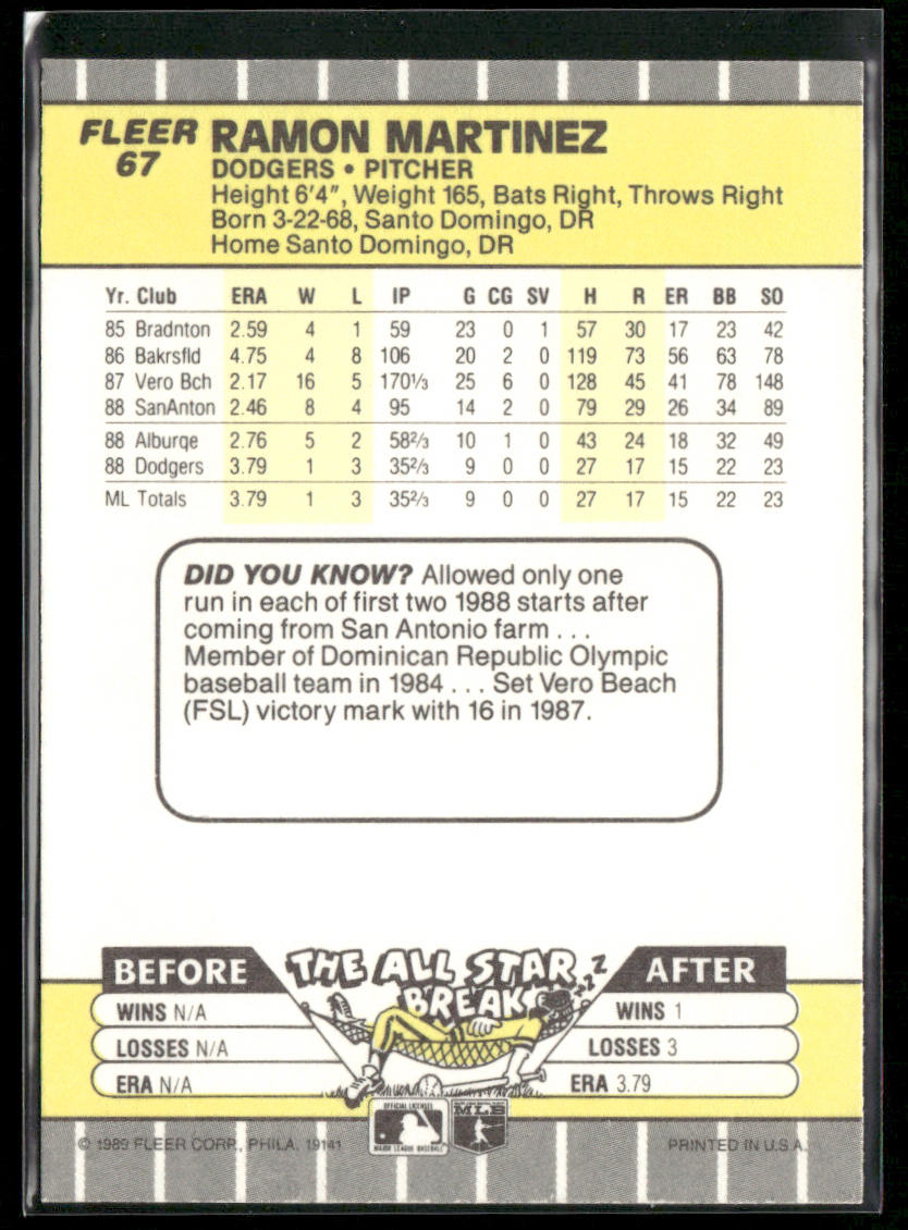 Ramon Martinez 1989 Fleer #67 RC Los Angeles Dodgers