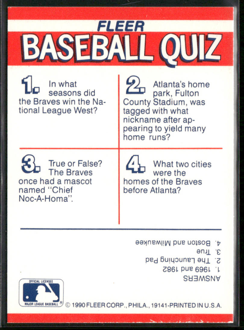 Atlanta Braves 1990 Fleer Action Series Team Stickers #NNO Atlanta Braves back