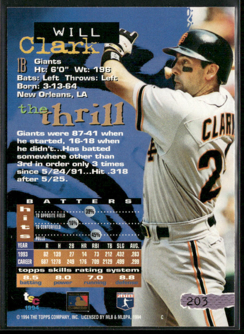Will Clark 1994 Stadium Club #203 San Francisco Giants