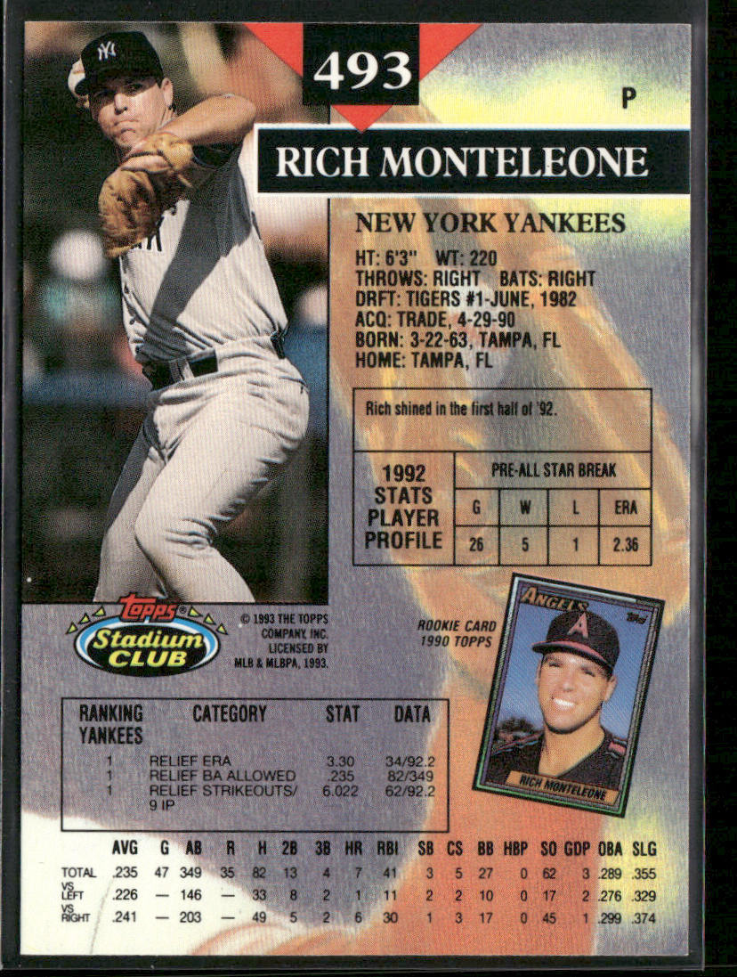 Rich Monteleone 1993 Stadium Club #493 New York Yankees