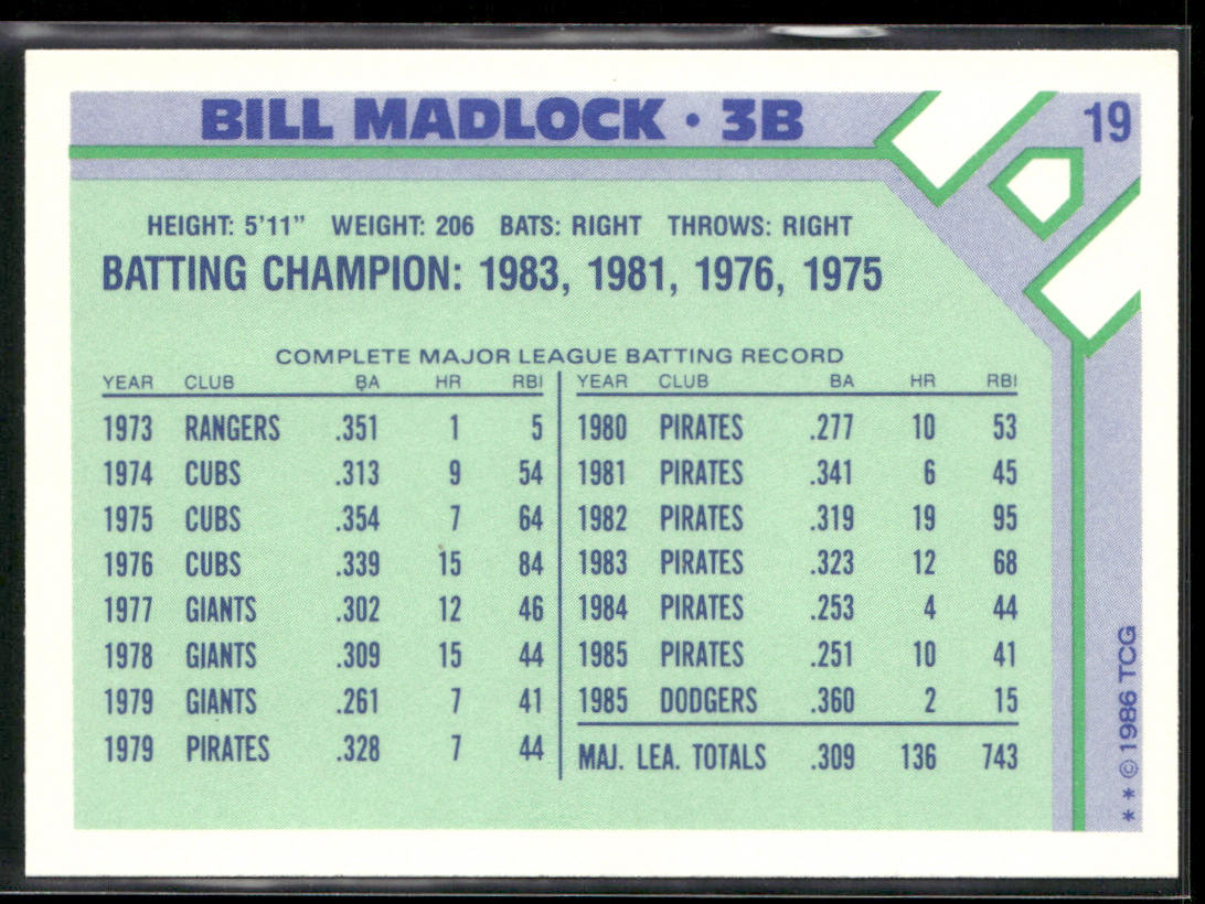 Bill Madlock 1986 Topps Baseball Champion Superstars #19 Los Angeles Dodgers