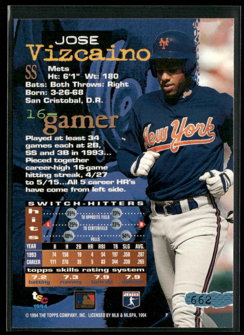 Jose Vizcaino 1994 Stadium Club #662 New York Mets back