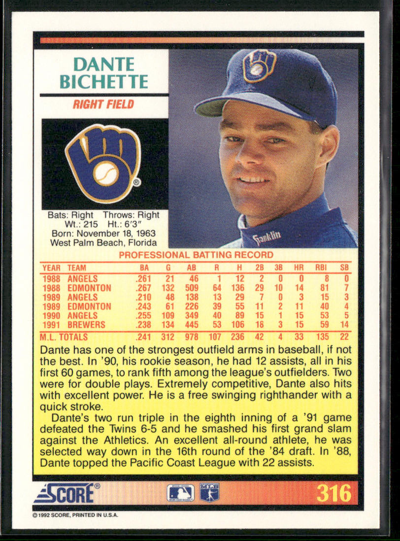 Dante Bichette 1992 Score #316 Milwaukee Brewers